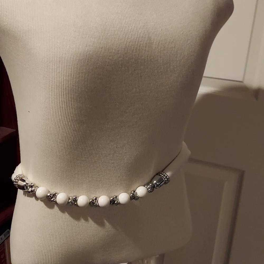 White fabric rope tie belt tassel fringe bead‎